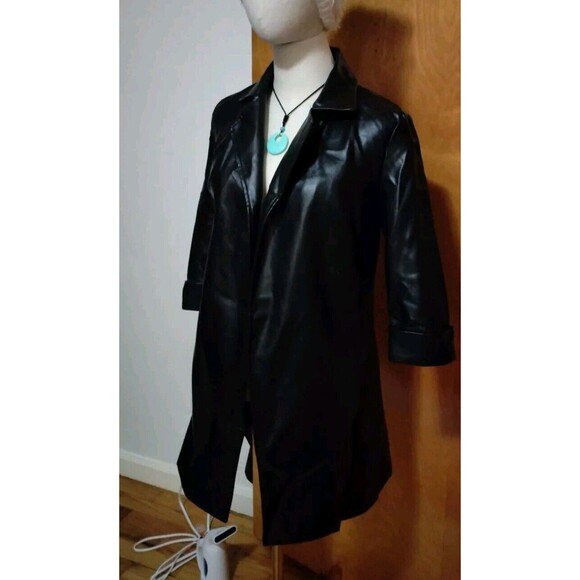 Women's SM Open Long Trench Pea Coat BLK Faux Leather JKT Lightweight Lined NEW - Picture 13 of 16